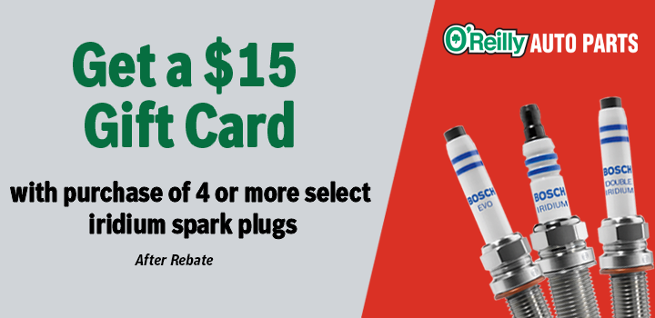 Get a $15 Gift Card with purchase of 4 or more select iridium spark plugs after rebate